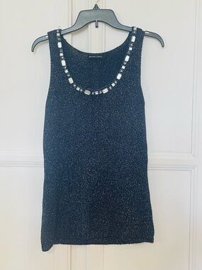 New York & Company Knitted Shimmering Top Jeweled Neckline Size Small